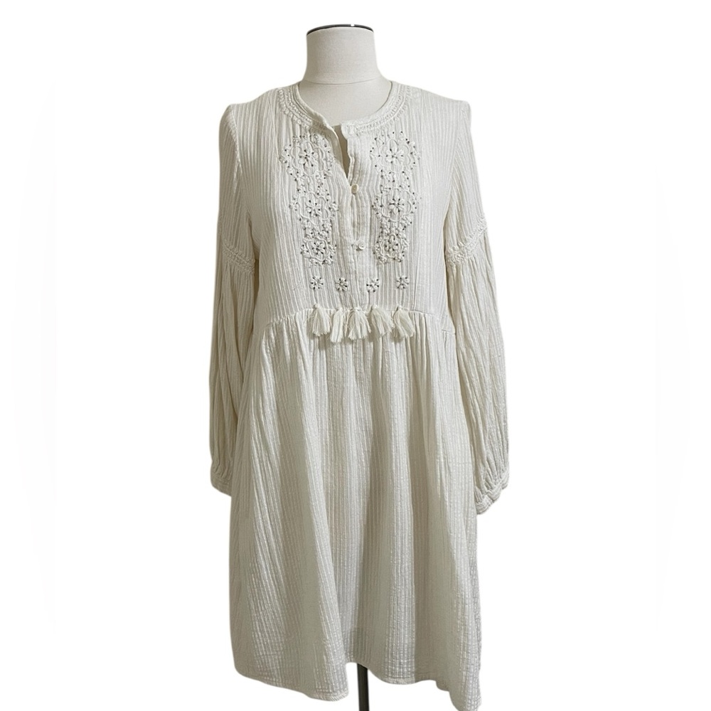 LUNA LLENA Cream Gauze Cotton Lined Boho Prairie Long Sleeve Dress Medium